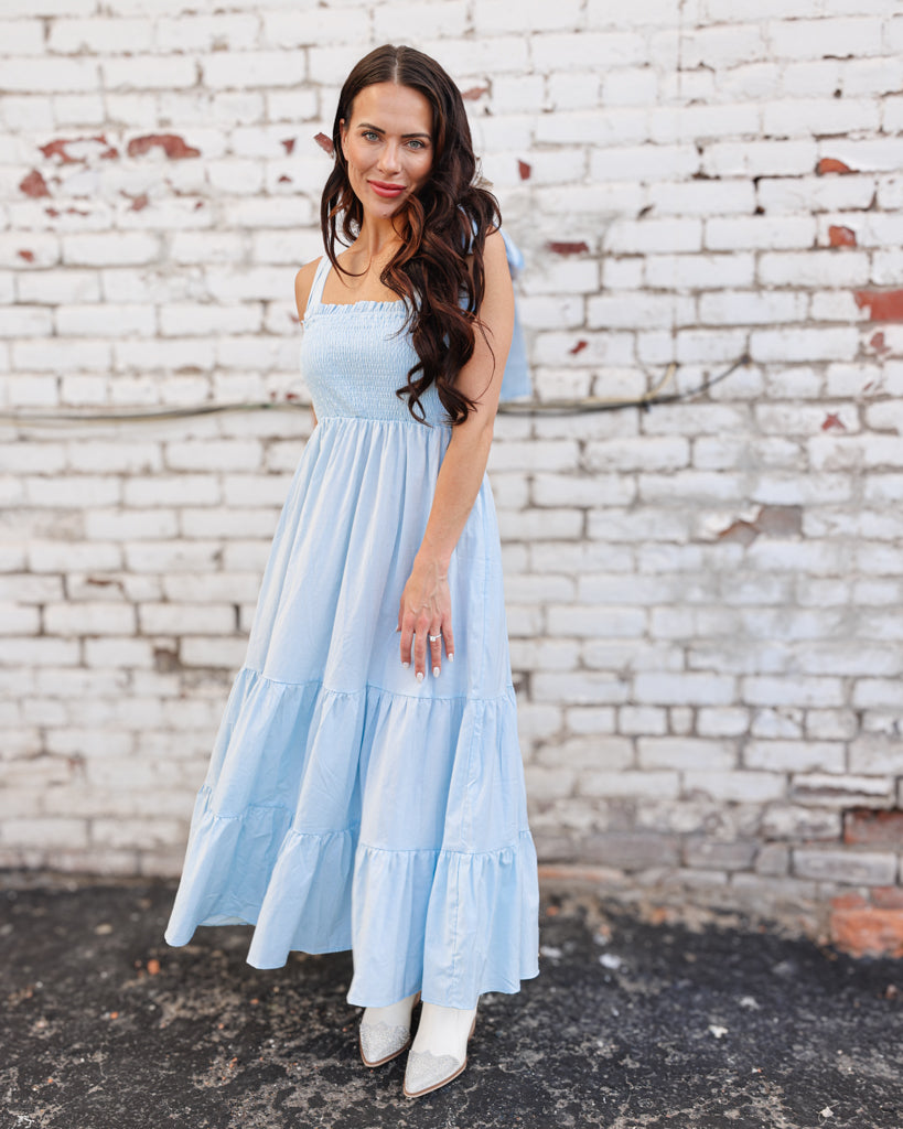 Baby Blue Tied Smocked Maxi Dress – SAKOLL